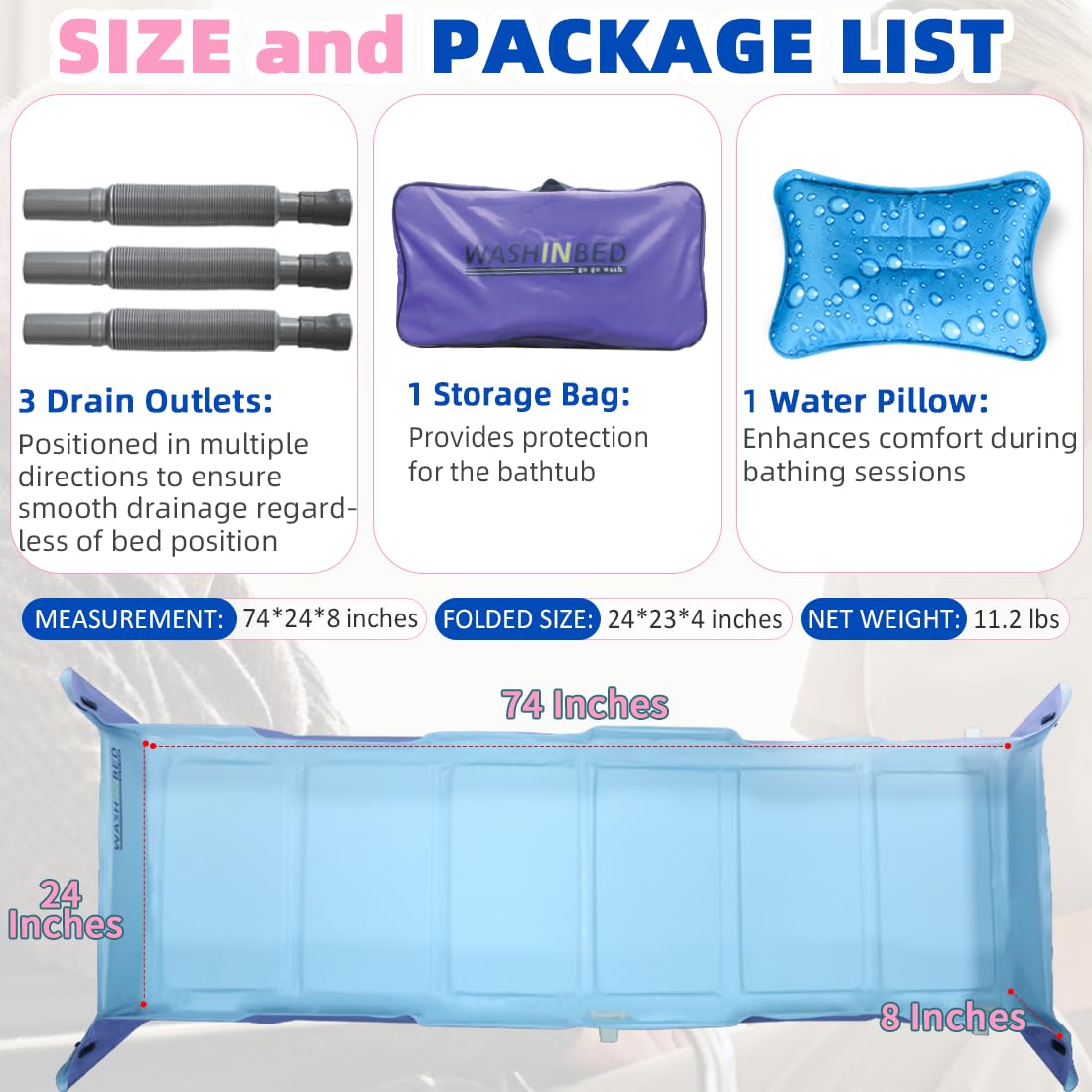 Système de Bain au Lit Portable – Matelas de Douche Pliable avec Tuyau de Vidange & Oreiller d’Eau | Toilette Complète au Lit pour Personnes Âgées, Handicapées ou Alitées