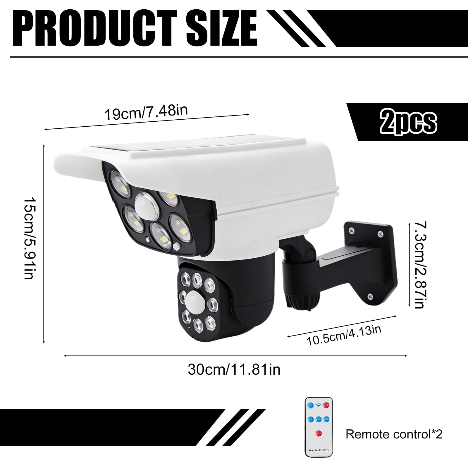 PORFOYO Lot de 2 caméras factices extérieures avec lumière, fausse caméra de surveillance solaire, rotative à 360°, avec télécommande, fausse caméra de sécurité CCTV pour extérieur