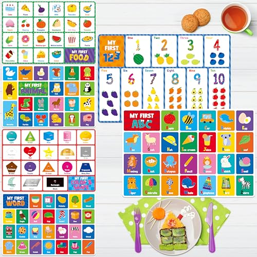 6 Pack Placemats for Kids, Non-Slip Washable Table Mat, Reusable Alphabet, Numbers, First Words, Shapes & Colors, Animals, Foods Placemats for Home, Kindergarten, Classroom, Nursery