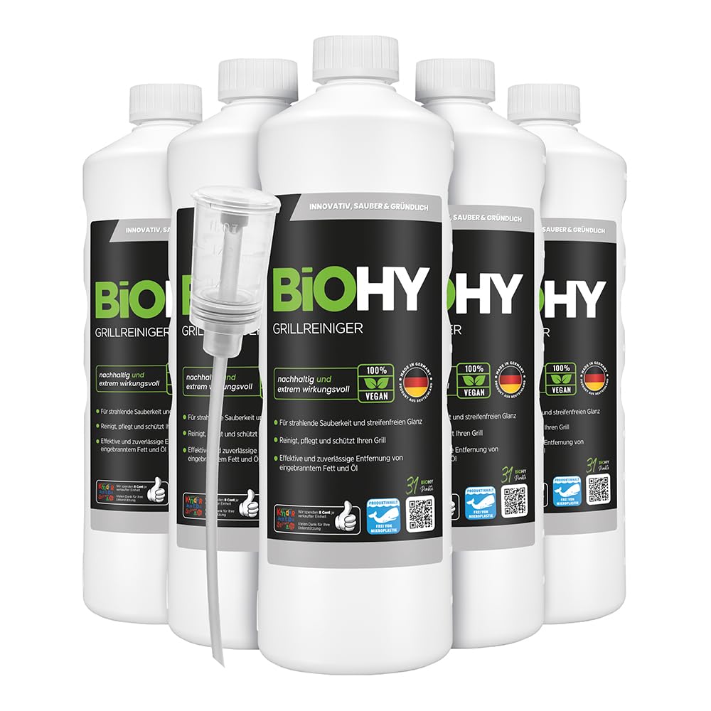BiOHY Środek do czyszczenia grilla (6 x butelka 1l) + dozownik | Środek czyszczący do grilli węglowych, gazowych i elektrycznych | przeciw przypalonemu tłuszczowi i olejom (Grillreiniger)