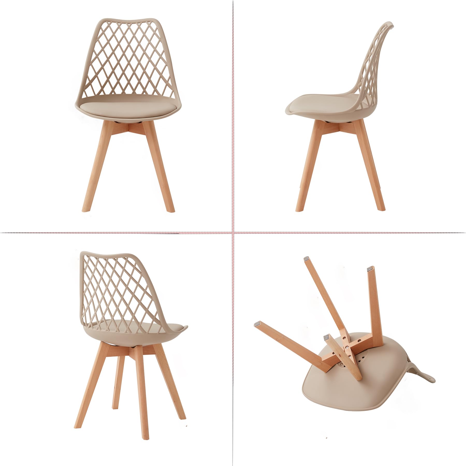 Set di 6 Sedie da Sala da Pranzo, Sedia da Cucina con Schienale in Rete Cava e Gambe in Legno di Faggio, Sedia da Soggiorno con Cuscino Morbido in Pelle PU - Cachi