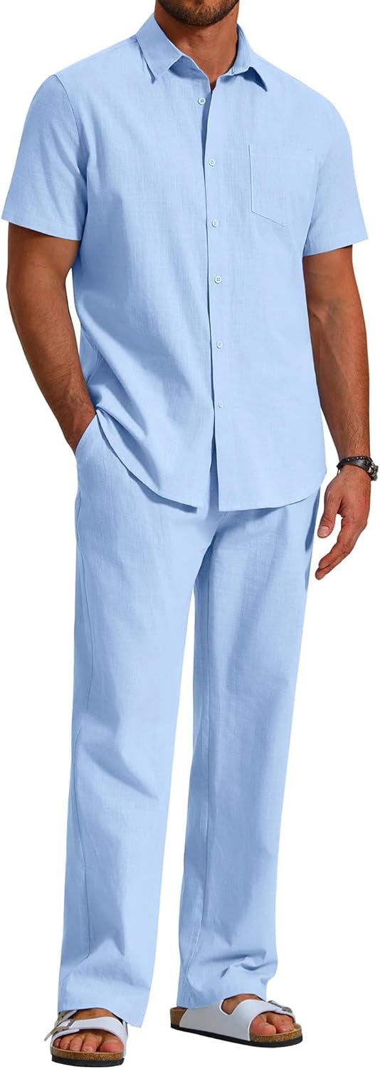 COOFANDY Men's 2 Piece Linen Beach Outfits Short Sleeve Button Down Shirts Loose Pants For Men