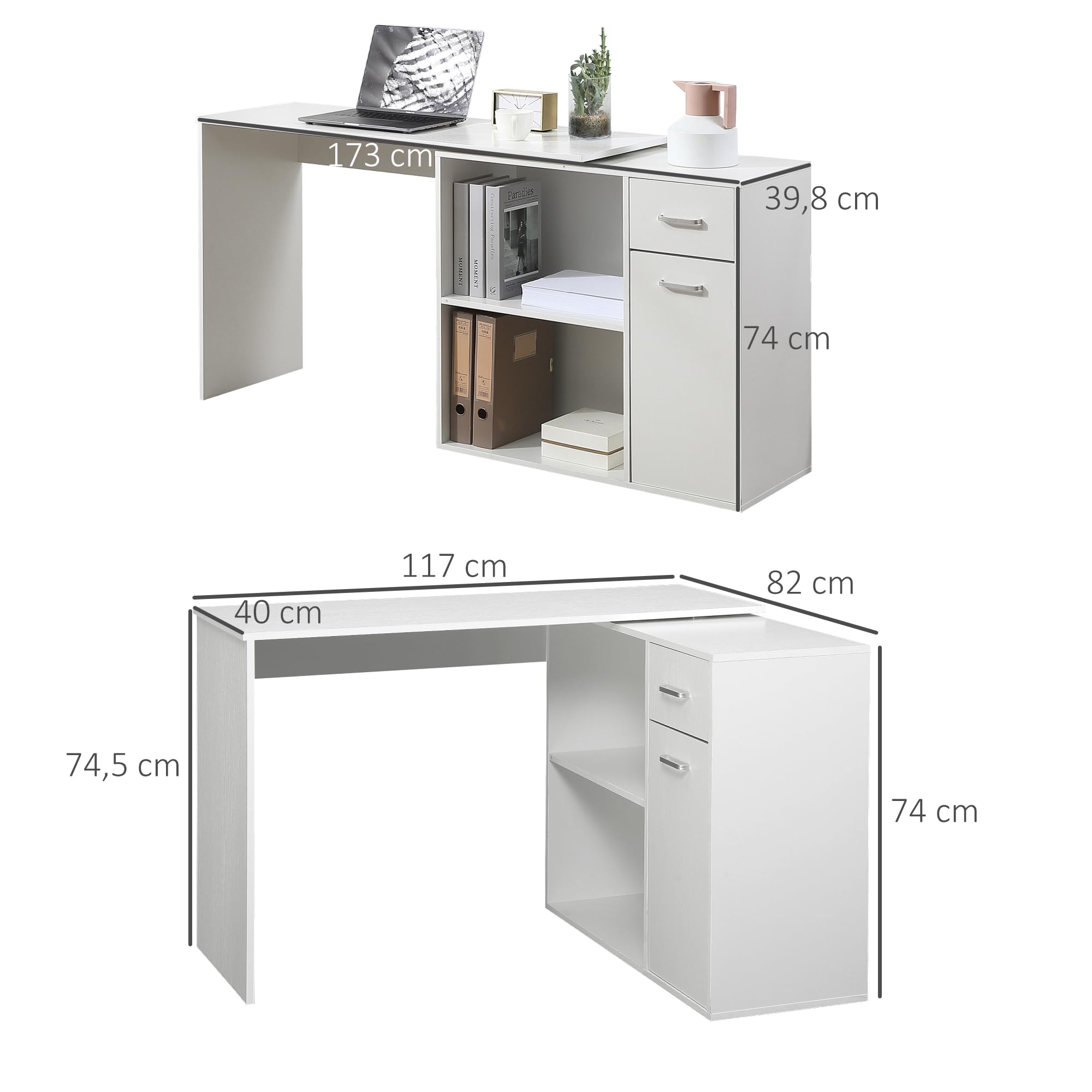 HOMCOM Bureau d'angle Rotatif 180° 117x82x74 cm Blanc | Bibliothèque, Bureau d'Ordinateur, Tiroir, Placard à Porte, Poste de Travail, pour Maison, Chambre