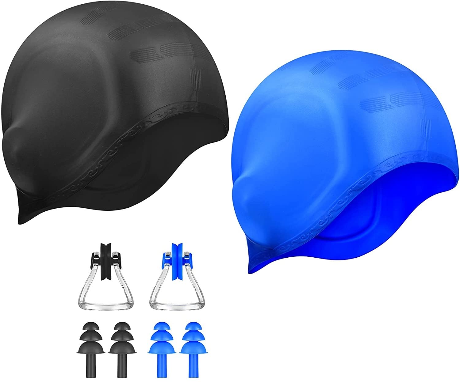 Spanker Unisex Swim Caps with 3D Ear Protection,Silicone Swimming Hats for Women Men Kids Adults Pack of 2 (Blue and Black Combo) with Ear and Nose Protection Set SSTP (B09Y1CYH9D) Amazon Price History, Amazon Price Tracker