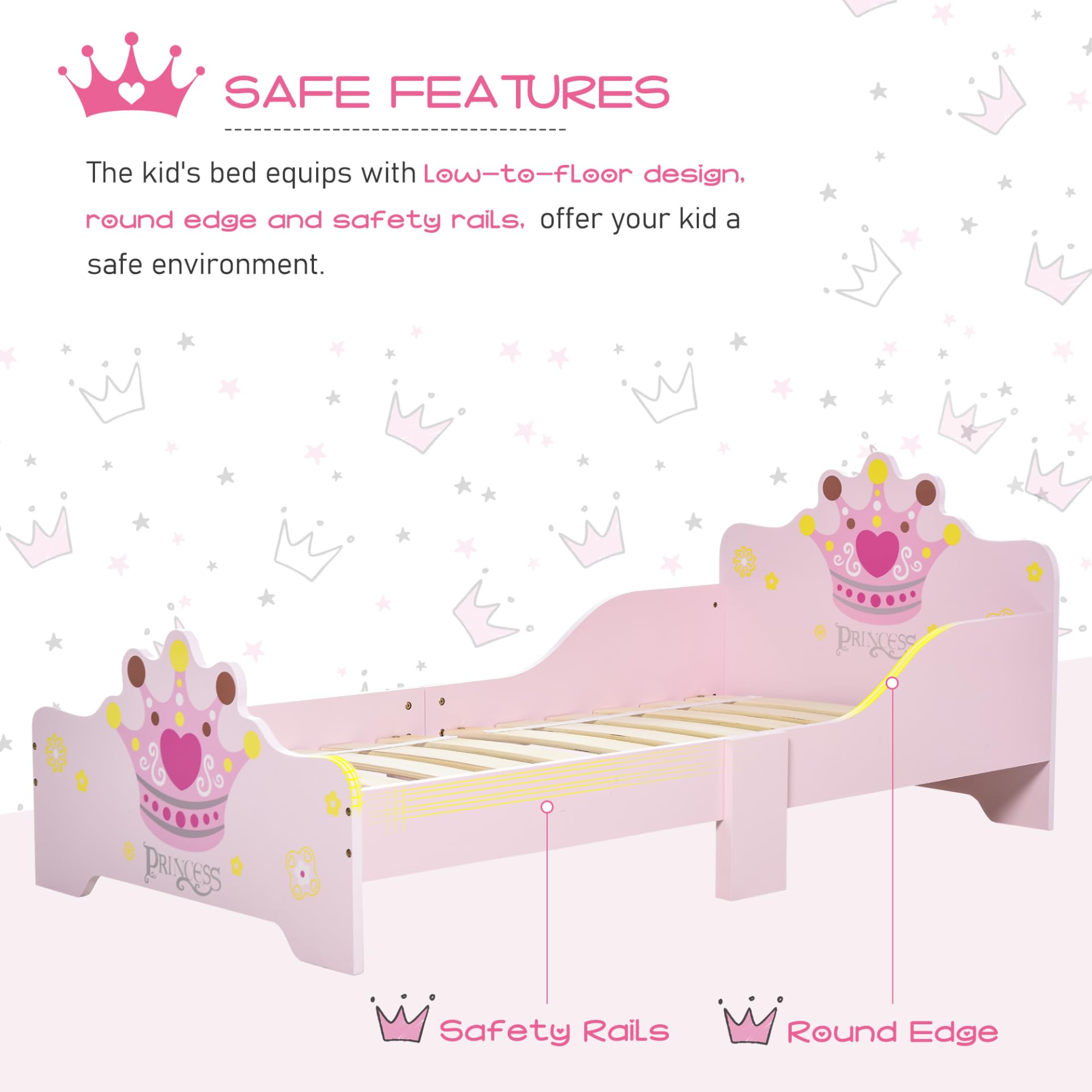HOMCOM Kids Toddler Bed Princess Crown Theme Safety Side Rails Slats Home Bedroom Furniture Boys Girls 3-6 Years Pink 143 x 73 x 60 cm - Image 5