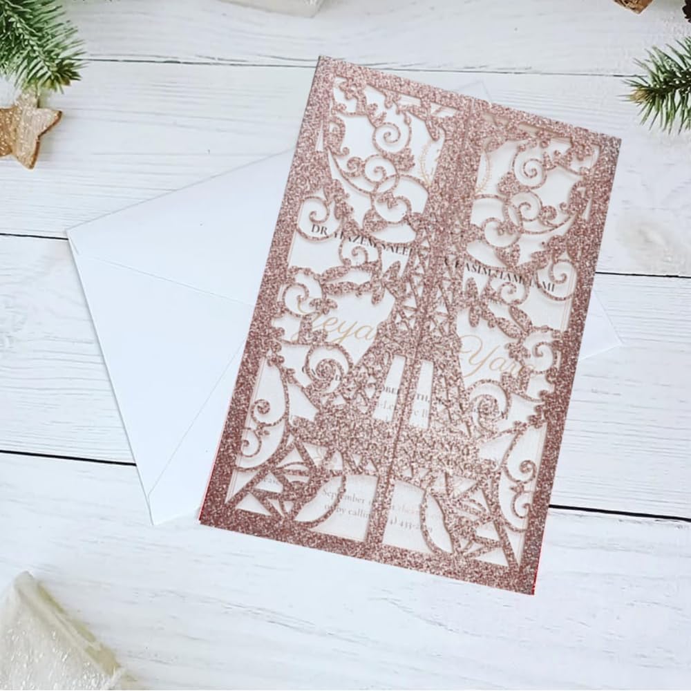 50 Sets Cream Eiffel-Tower Wedding Invitations With Light Pink Ribbon DIY Quinceanera Invitation for Birthday Party Dinner 5 * 7 Inch (Rose gold)