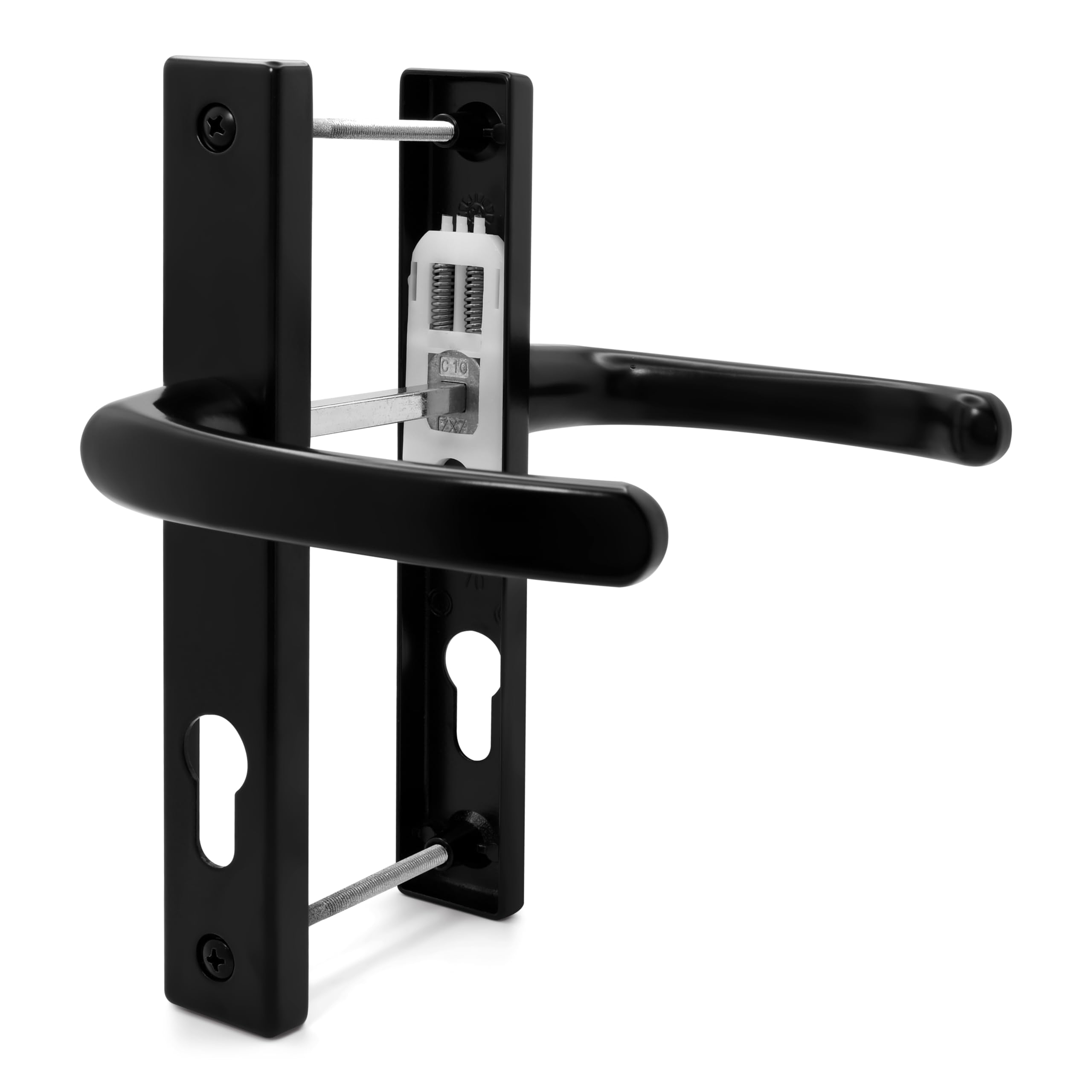 TSS UPVC Door Handle Set, 70mm PZ (Centres), 7mm Spindle Width, Lever/Lever, Screw to Screw 180mm with Backplate 210mm x 32mm - Replacement PVC Door Handle (Black)