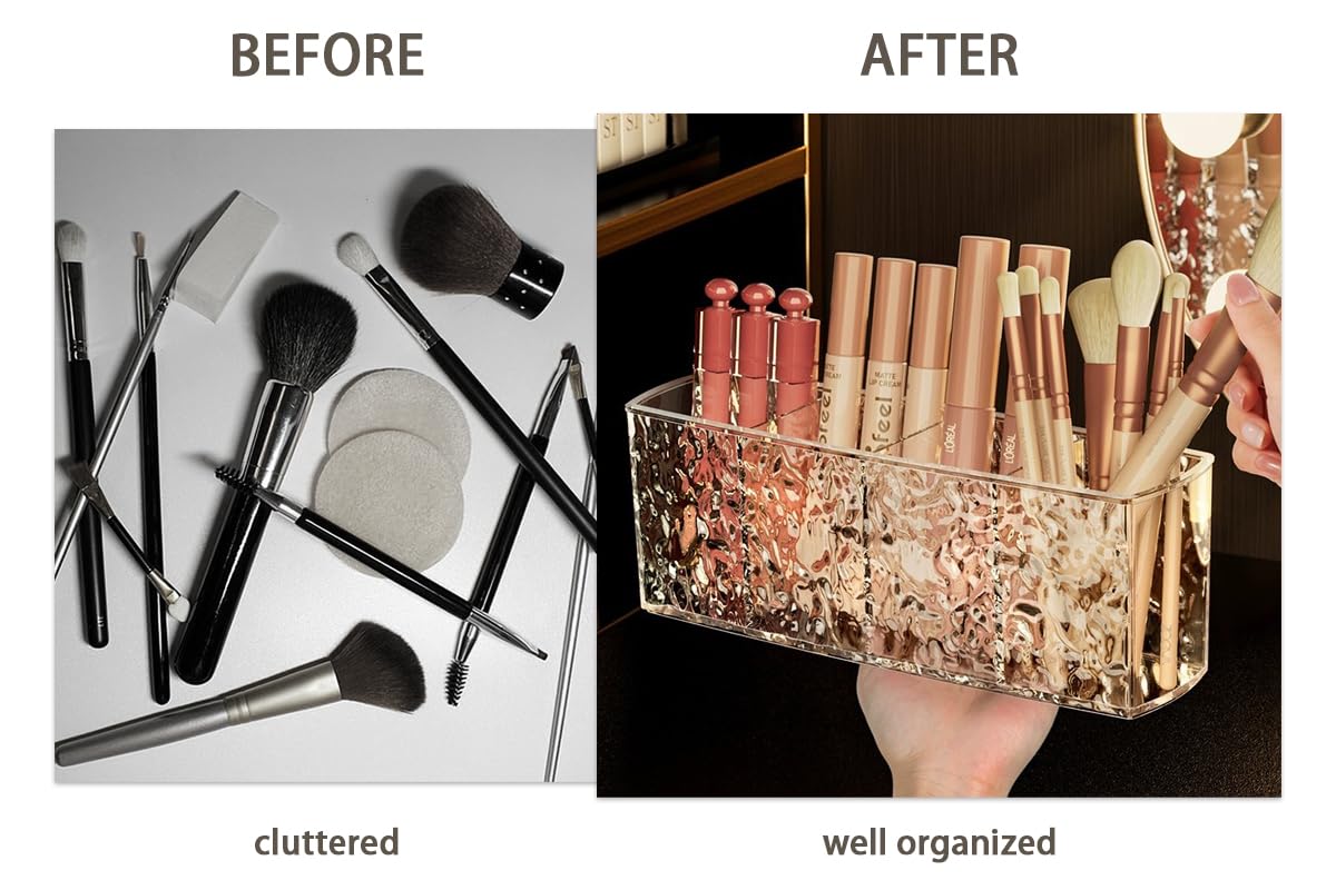 Terafeels Makeup Brush Holder 4 Slot Clear Acrylic Cosmetic Organiser for Eyeliners Lipstick Crystal Storage Box for Bathroom Bedroom Dress Table Vanities Office Desk Grey 6702 - Image 4