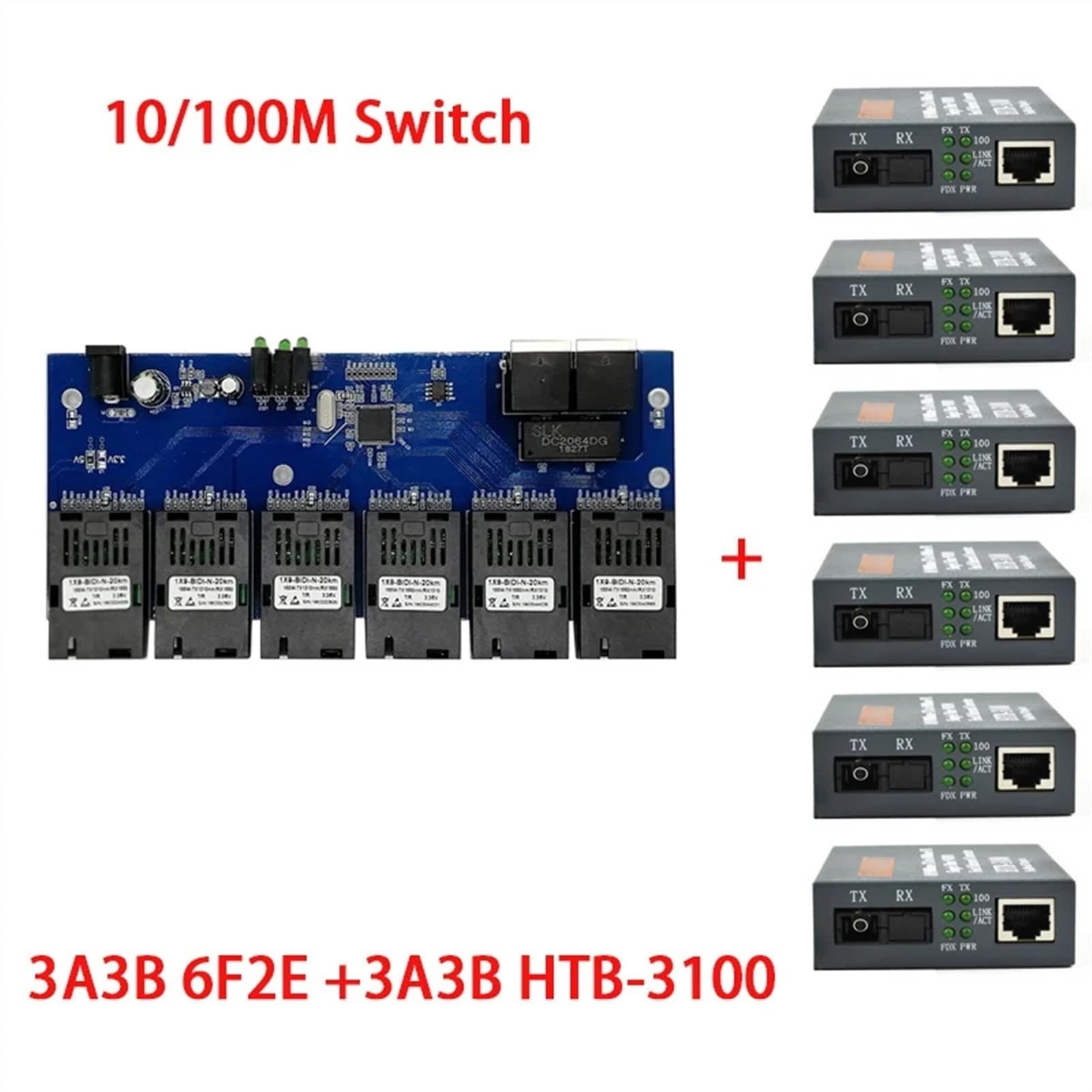 Convertisseur De Commutateur Ethernet Rapide 10/100M, 20KM, Convertisseur De Média Fiber Optique Ethernet Monomode 2 * RJ45 Et 6 * Port Fiber SC (Size : 6F2E 3AB EU Plug)