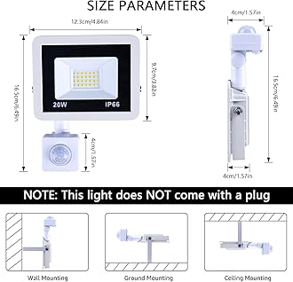 MIWAT 20W Plug in LED Motion Sensor Flood Light, PIR Induction Lamp, Dusk to Dawn Outdoor Auto ON/Off, 6500K Security Spot Daylight, IP66 Rainproof Work Light for Garage Yard Patio Porch Doorway Wall