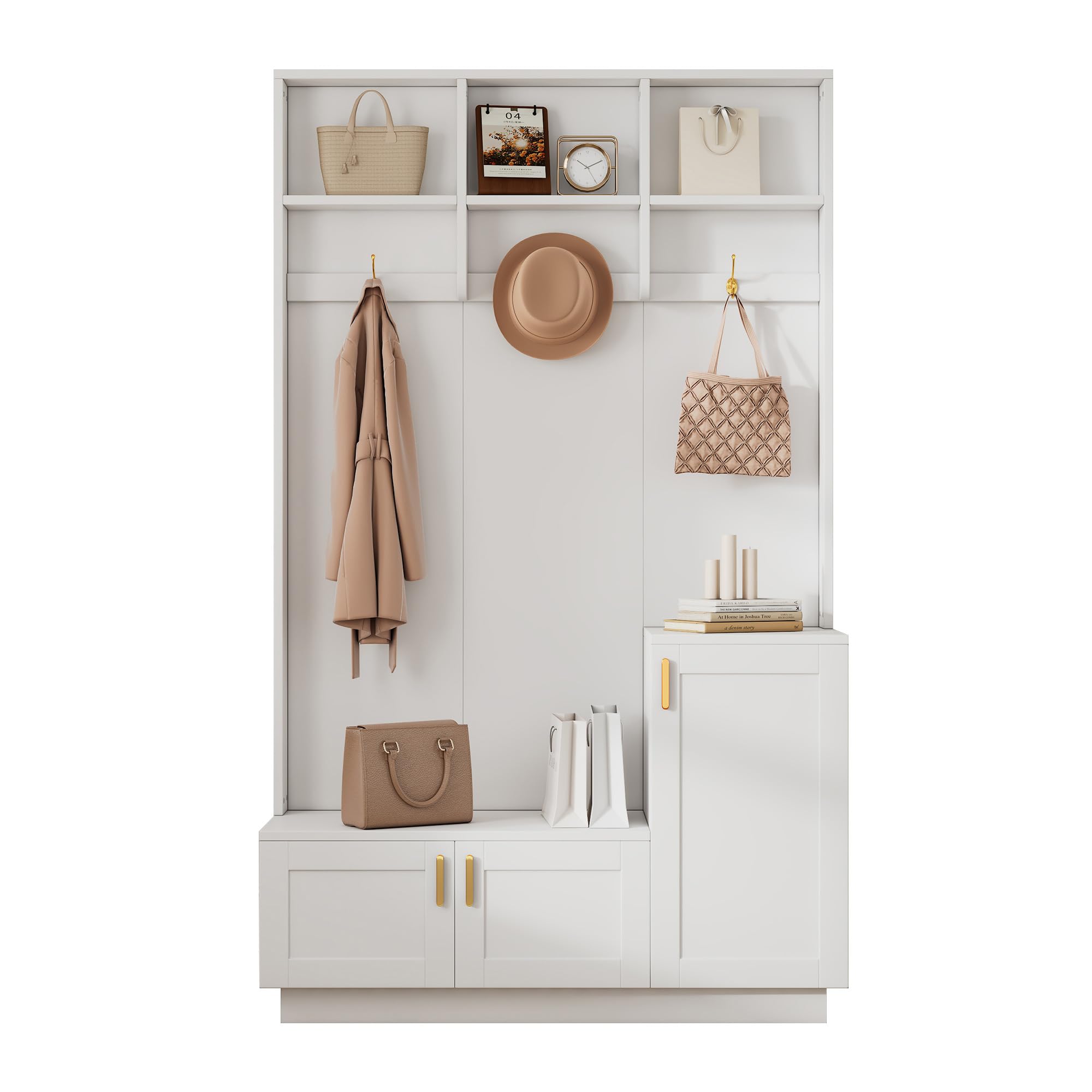 H200/B120/T40 cm con banco y zapatero, banco de almacenamiento multifuncional con 3 ganchos colgantes y espacio de almacenamiento abierto, almacenamiento rectangular y estantes para pasillo, color
