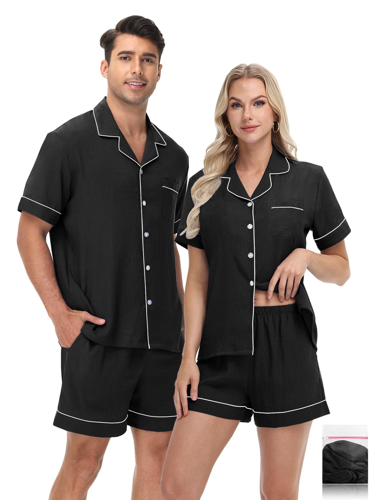 YOPUGEE Couples Matching Pjs Button Up Pajamas 2 Piece Lounge Set Lightweight Sleepwear Short Set S-3XL (1 Set Not 2)