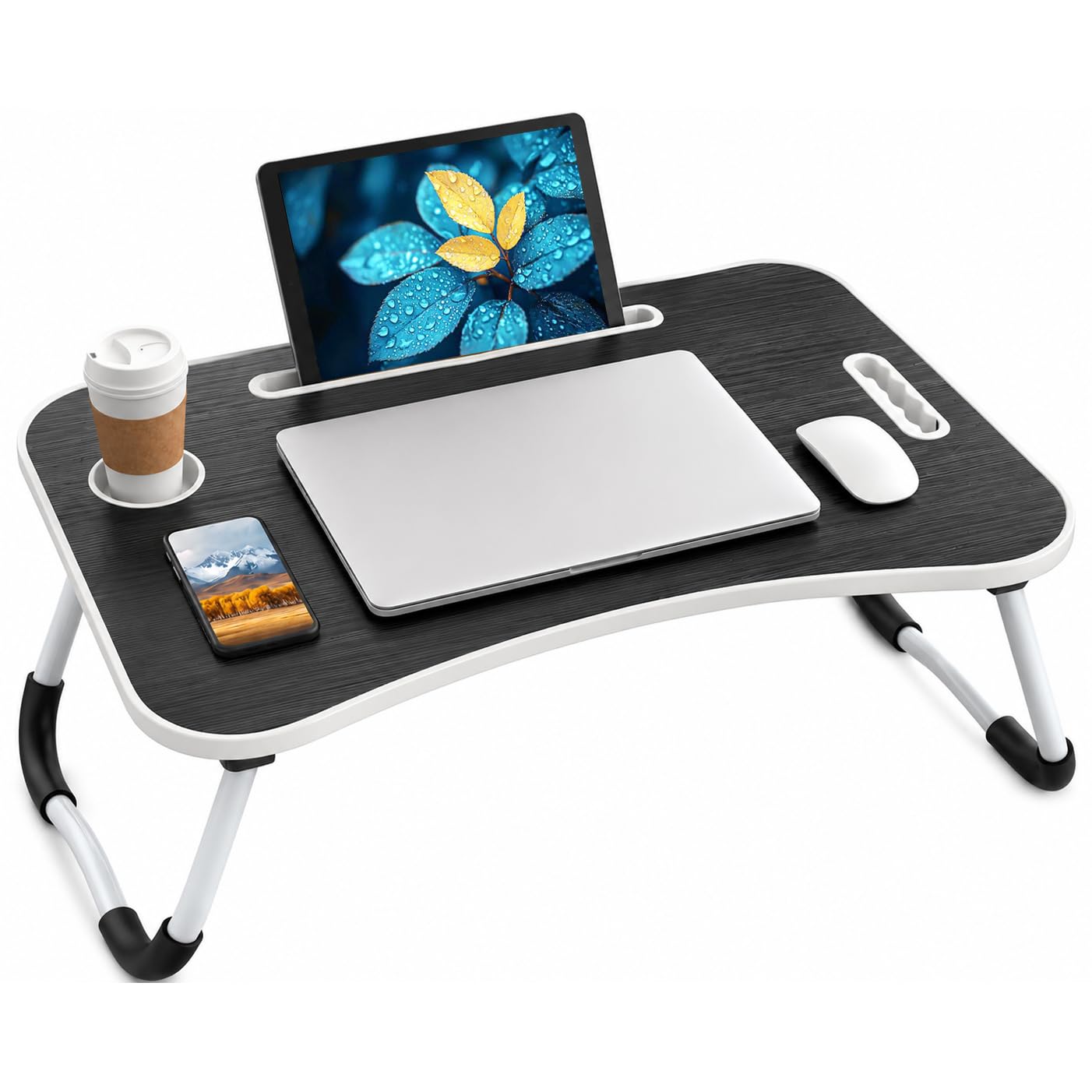 Foldable Laptop Desk for Bed with Cup Holder & Tablet Slot, Portable Bed Table for Laptop, Lap Desk Tray for Sofa, Reading & Breakfast, Non-Slip Legs, 60 x 40cm