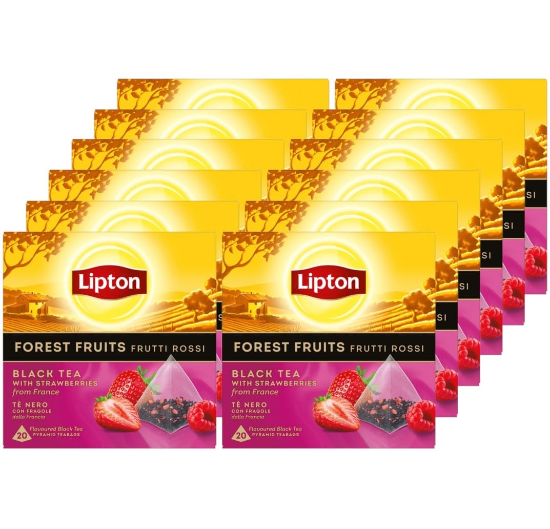 Lipton Schwarztee Forest Fruits, mit Erdbeeren aus Frankreich, für einen Moment der puren Freude, 12 x 20 Pyramidenbeutel