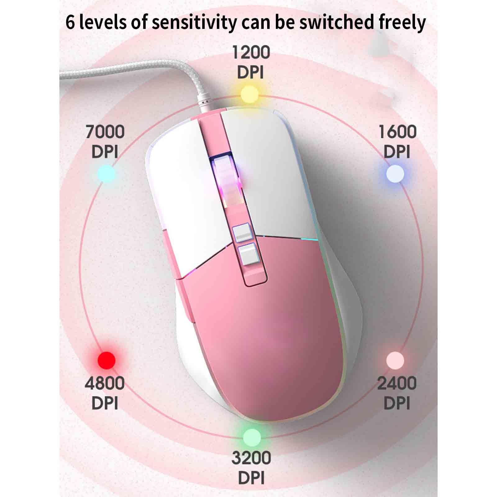 JUSHZ Mouse Cablato Usb Ergonomico Portatile Ottico Bagliore Comodo E Resistente 1200 DPI 1600 DPI 2400 DPI 3200 DPI 4800 DPI 7000 DPI (127x75x42mm,Pink)