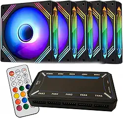 Kit 5 Fans Cooler 120mm RGB Preto com Controladora e Controle Remoto 6 Pinos para Gabinete Gamer PC