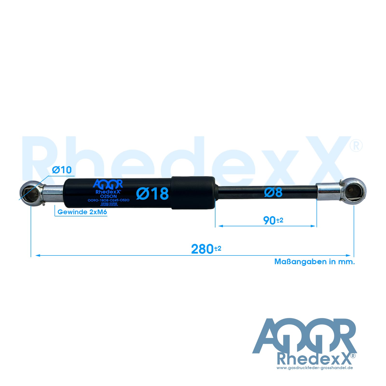 RhedexX Gasdruckfeder Mit M6 Kugelpfanne - 280mm Länge, 90mm Hub, 200N Kraft Für Türen Und Klappen