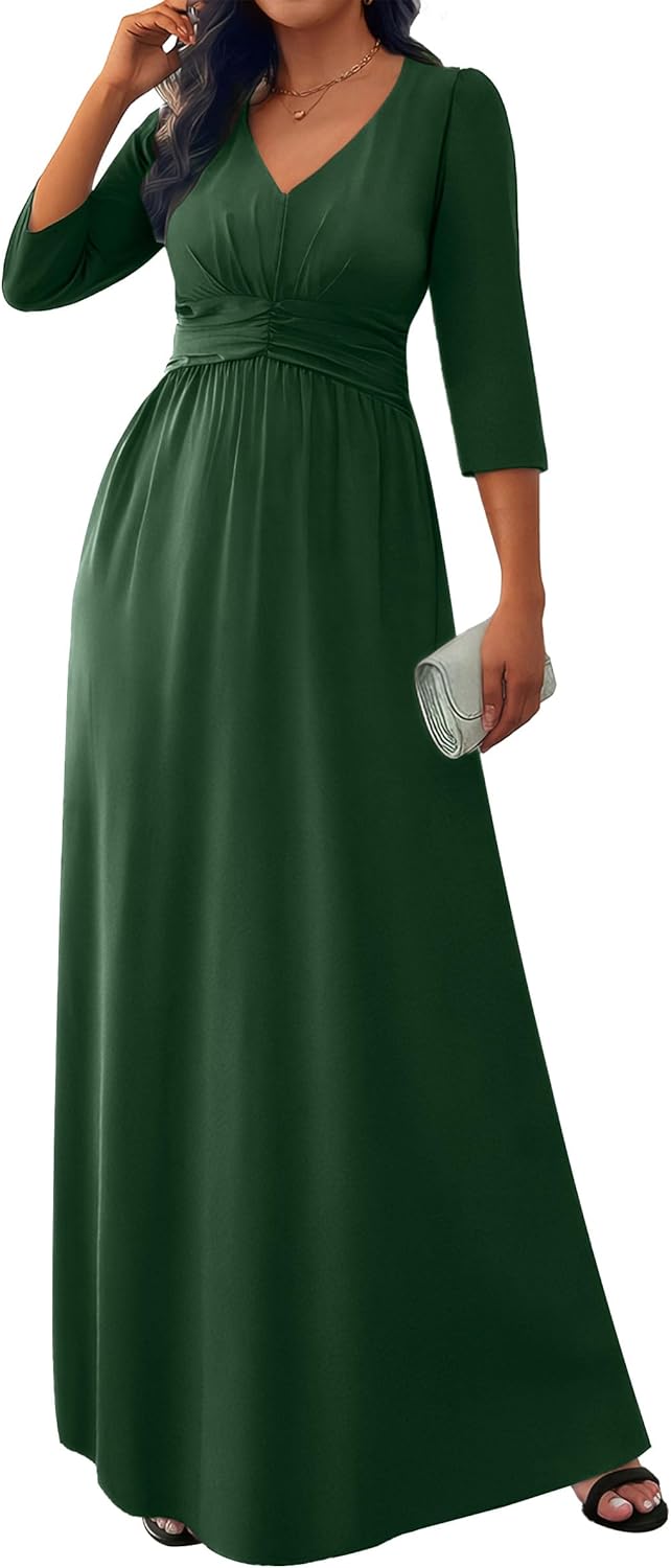 FANDEE Casual Maxi Dress for Women Summer Wtih Pockets 3/4 Sleeve V Neck Elastic High Waist Elegant Pleated A-Line Dresses - Image 2