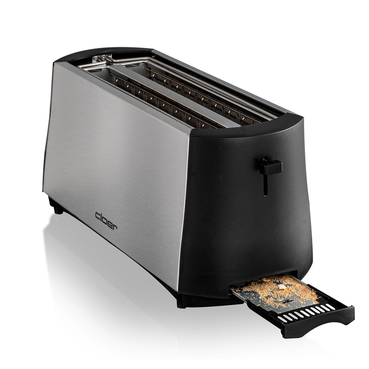 Cloer 3719 Langschlitztoaster für 4 Toastscheiben, 1380 W, integrierter Brötchenaufsatz, Nachhebevorrichtung, Krümelschublade, wärmeisoliertes Edelstahlgehäuse, schwarz/Edelstahl