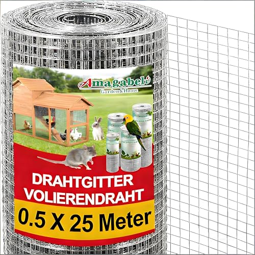 Amagabeli Feuerverzinkter Volierendraht 0.5m X 25m Feinmaschig 12x12mm Wühlmausgitter, Hühnerdraht, Kaninchendraht Für Hochbeet & Maschendrahtzaun Wetterfest