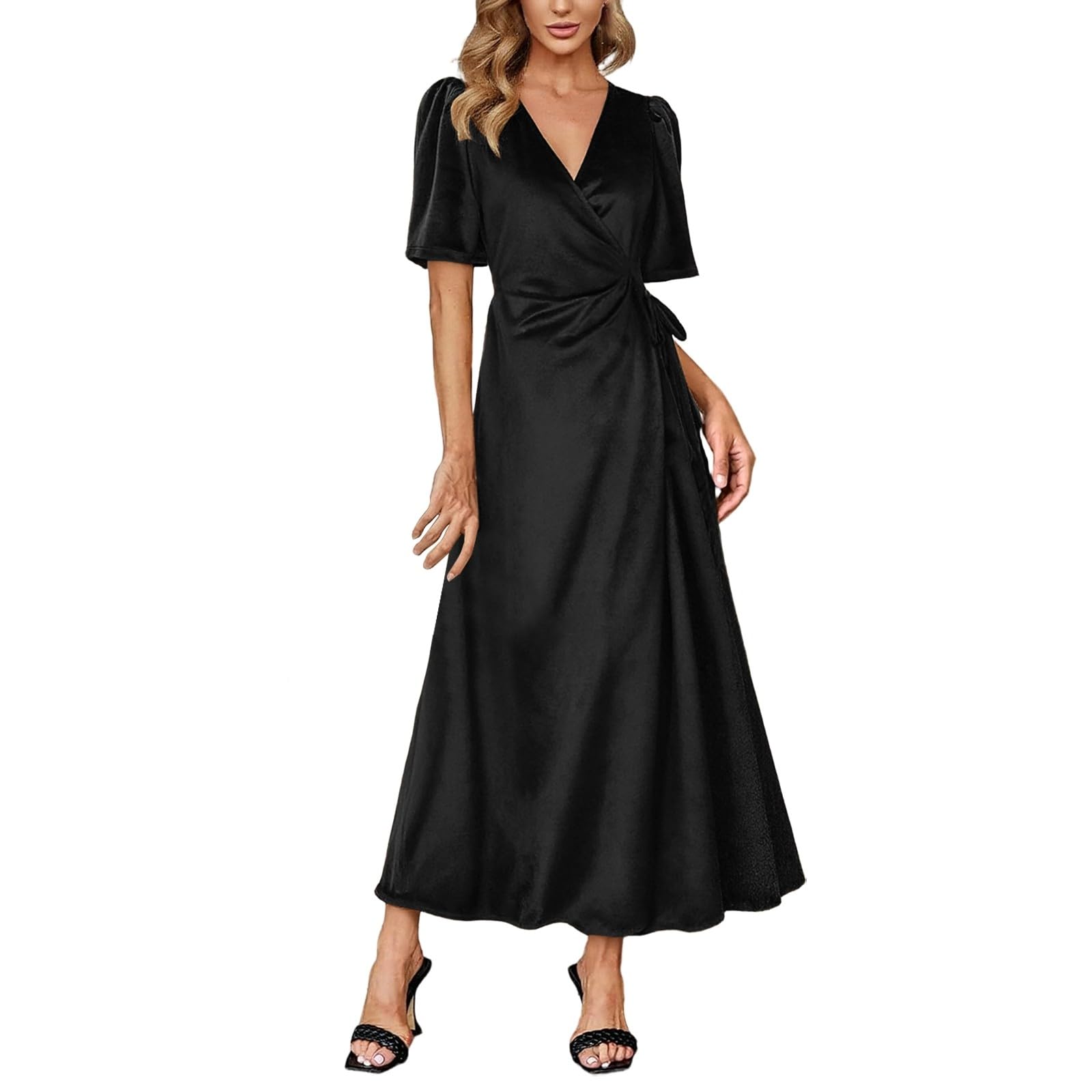 Vestido de invierno para mujer, cuello en V, manga corta, vestido de terciopelo, cintura alta, vestido de túnica, elegante, vestido de noche, vestido de baile, vestido de fiesta, vestido de
