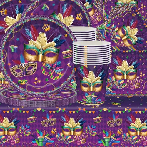 Ensemble de vaisselle pour fête du carnaval de Venise, 61 pièces, décorations pour fête masquée violette, nappe, gobelets en papier, serviettes, assiettes...