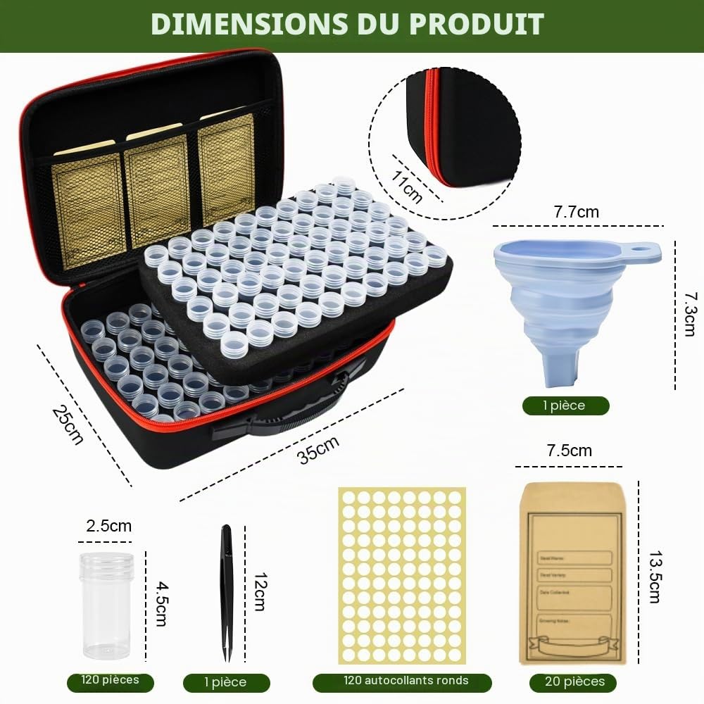 120 Fentes Boite à Graines Boîte de Rangement pour Graines Organisateur de Semences avec des Sachets, des étiquettes, Un Entonnoir et Une Pince à épiler pour Graines de Légumes et de Fleurs