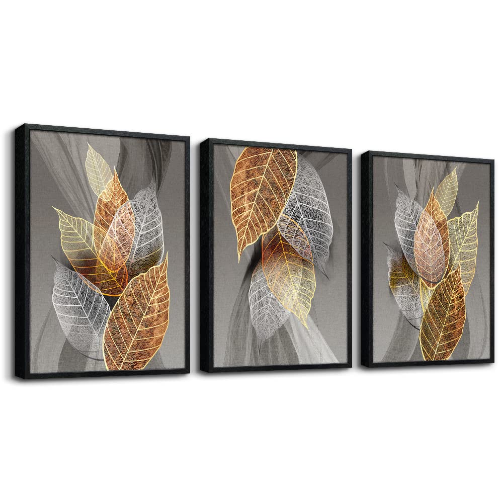 hyidecorart Black Framed Canvas Wall Art Living Room Wall decors Kitchen Modern Bathroom Wall Decor Abstract Paintings Leaves Wall Pictures Artwork Bedroom Home Decor of 3 Piece Framed Art Prints