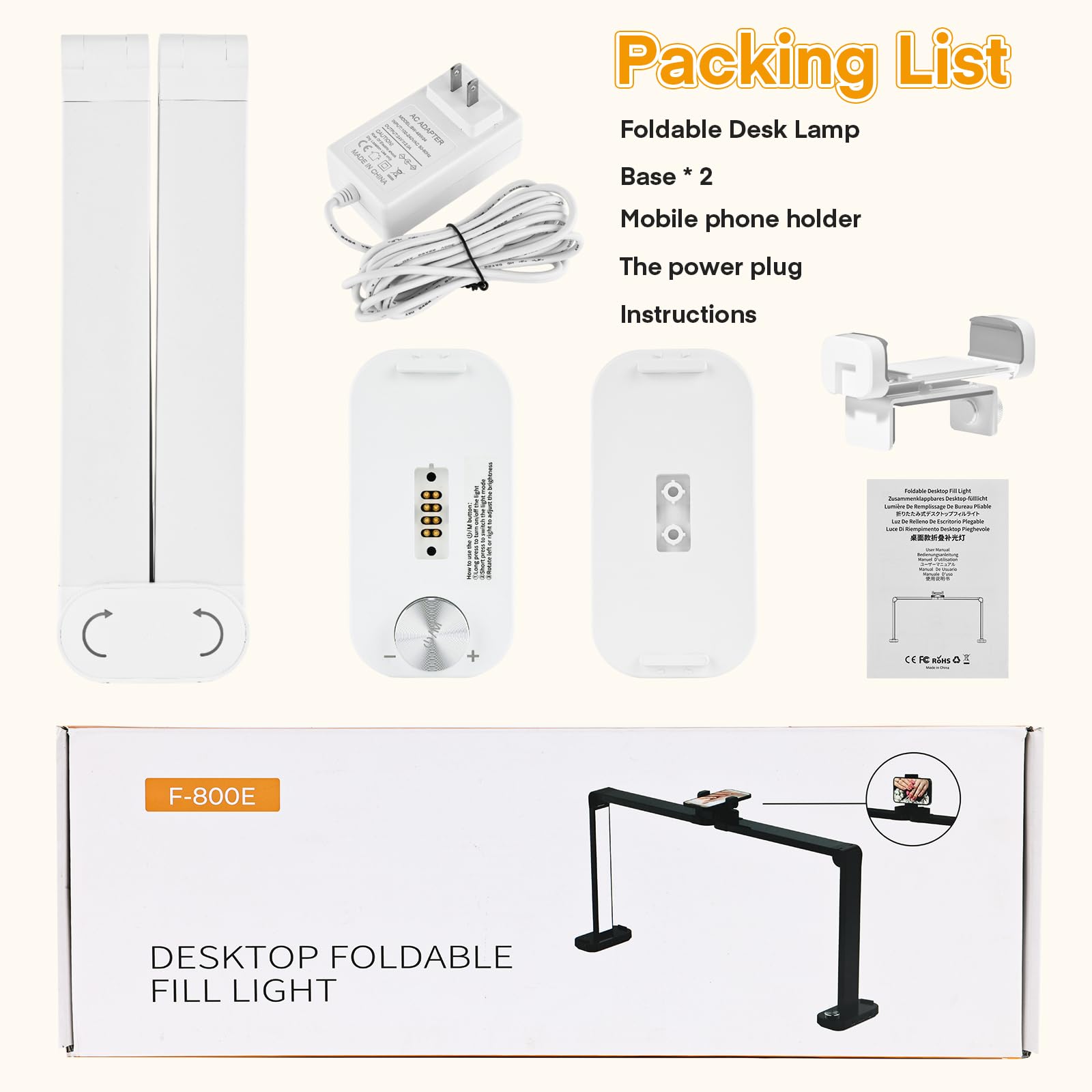 Kwadratowa lampa biurkowa 40 W, półksiężyc, 85 cm, składana lampa stołowa LED, 3000 K, 6000 K, z uchwytem na telefon, do przedłużania rzęs, tatuaż,