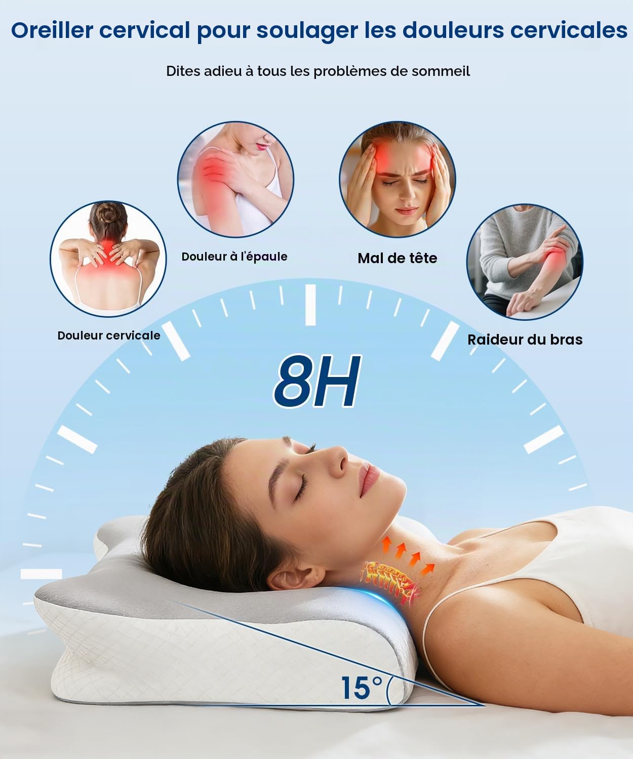 Oreiller orthopédique ergonomique en mousse à mémoire de forme pour le cou et les épaules, coussin de soutien du cou pour le dos, le côté, le ventre, oreiller cervical rafraîchissant avec housse