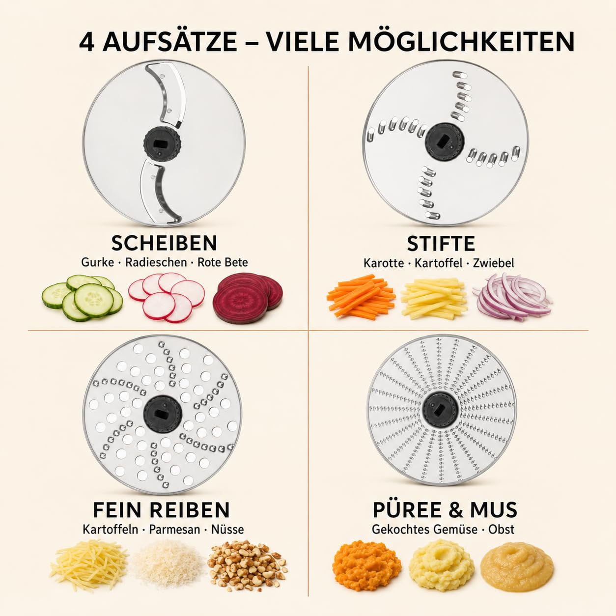 ADLER EUROPE Kompakt Elektrische Reibe 4-in-1 900ml - 4 Einsätze, 200W | Gemüse- und Obstreibe – für Kartoffeln, Zucchini, Obst und Nüsse, Pesto – Püree, Kartoffelpuffer – spülmaschinenfeste Teile