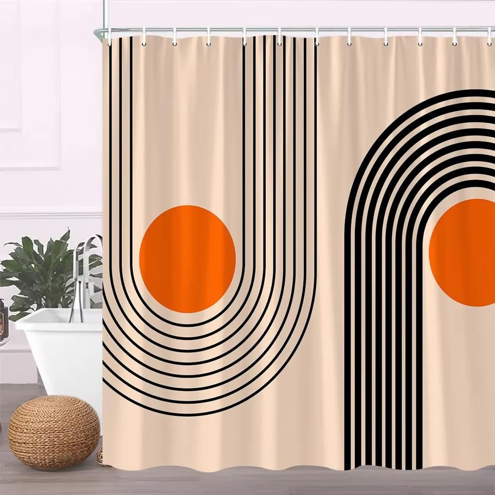 Cortina de Ducha 200x200 Bstracta de Mediados de Siglo,Diseño Bohemio Moderno con Arco y Sol con Ganchos,Tela Repelente al Agua,Lavable a Máquina,para Bañera,Ducha,200Anx200Al cm (1 Panel)