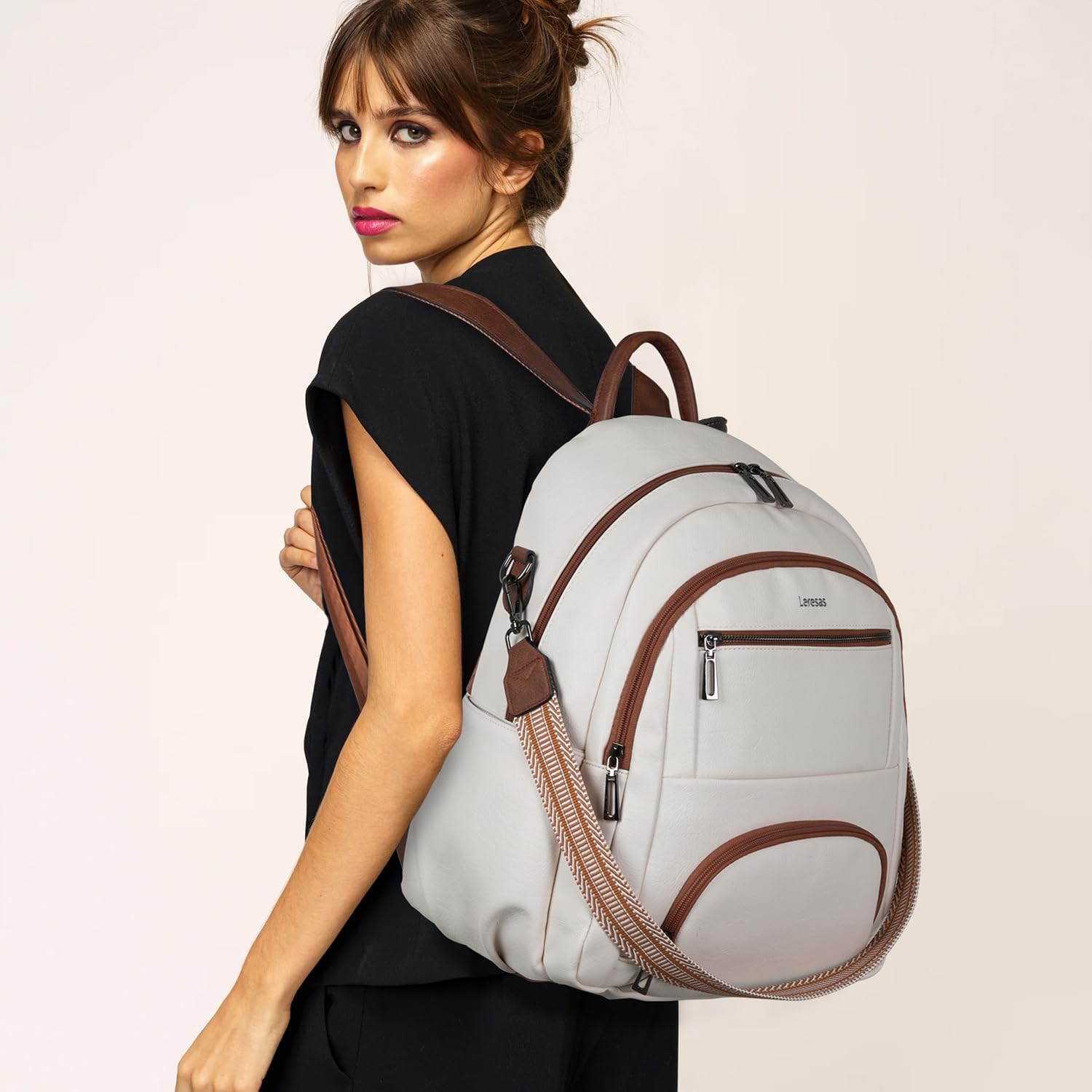 35L Backpack Purse for Women Men Large Travel Backpack for Work College Laptop Back Pack Vegan Leather Fashion Beige - Image 2