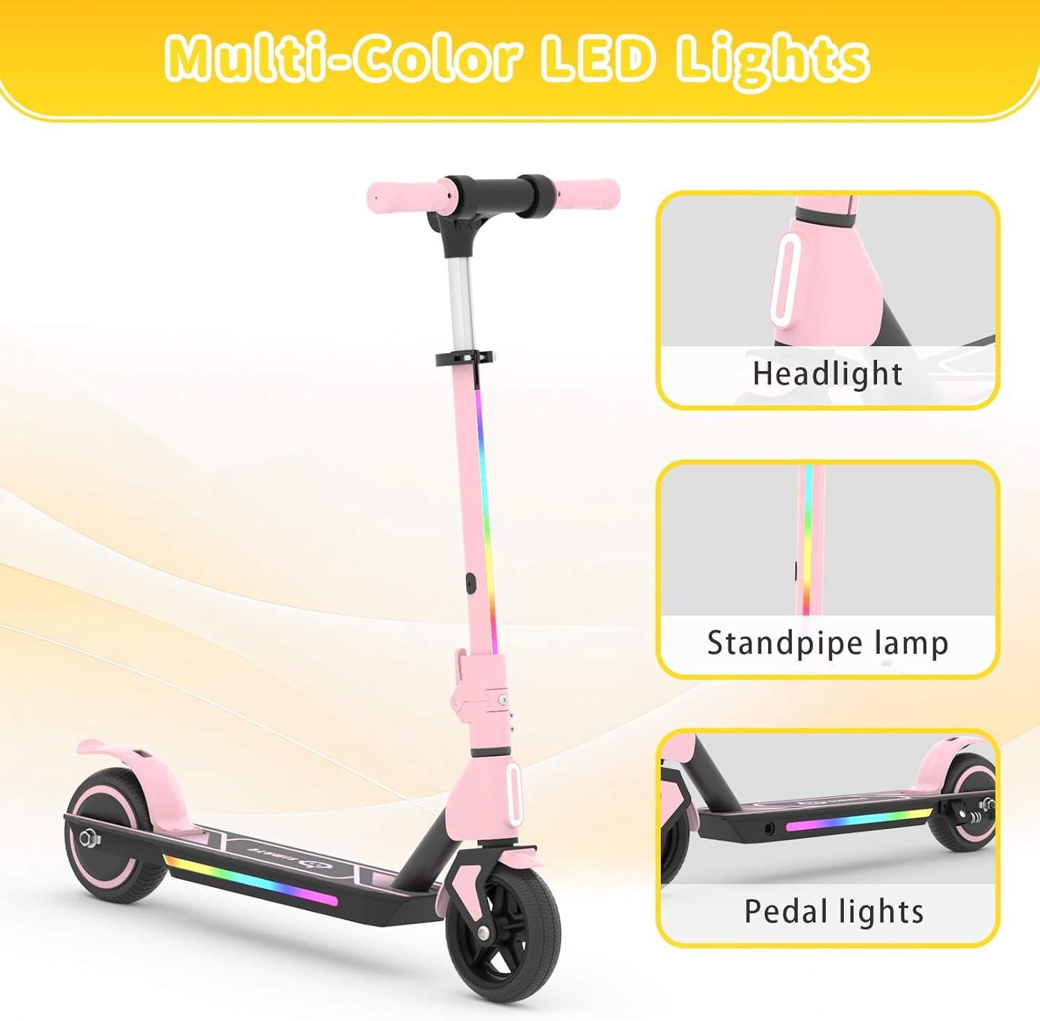 Trottinette Électrique Enfant, Guidon Réglable sans Outil 86-99cm, Moteur 130W 3 Vitesses 8-14 km/h, Autonomie Jusqu'à 8km, Écran LED & Éclairage, Pneus 6,5" Pleins, (Rose)