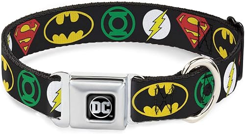 Buckle-Down Collar de perro con hebilla de cinturón de seguridad, logotipos de superhéroe de la Liga de la Justicia, 1 pulgada de ancho, se adapta a