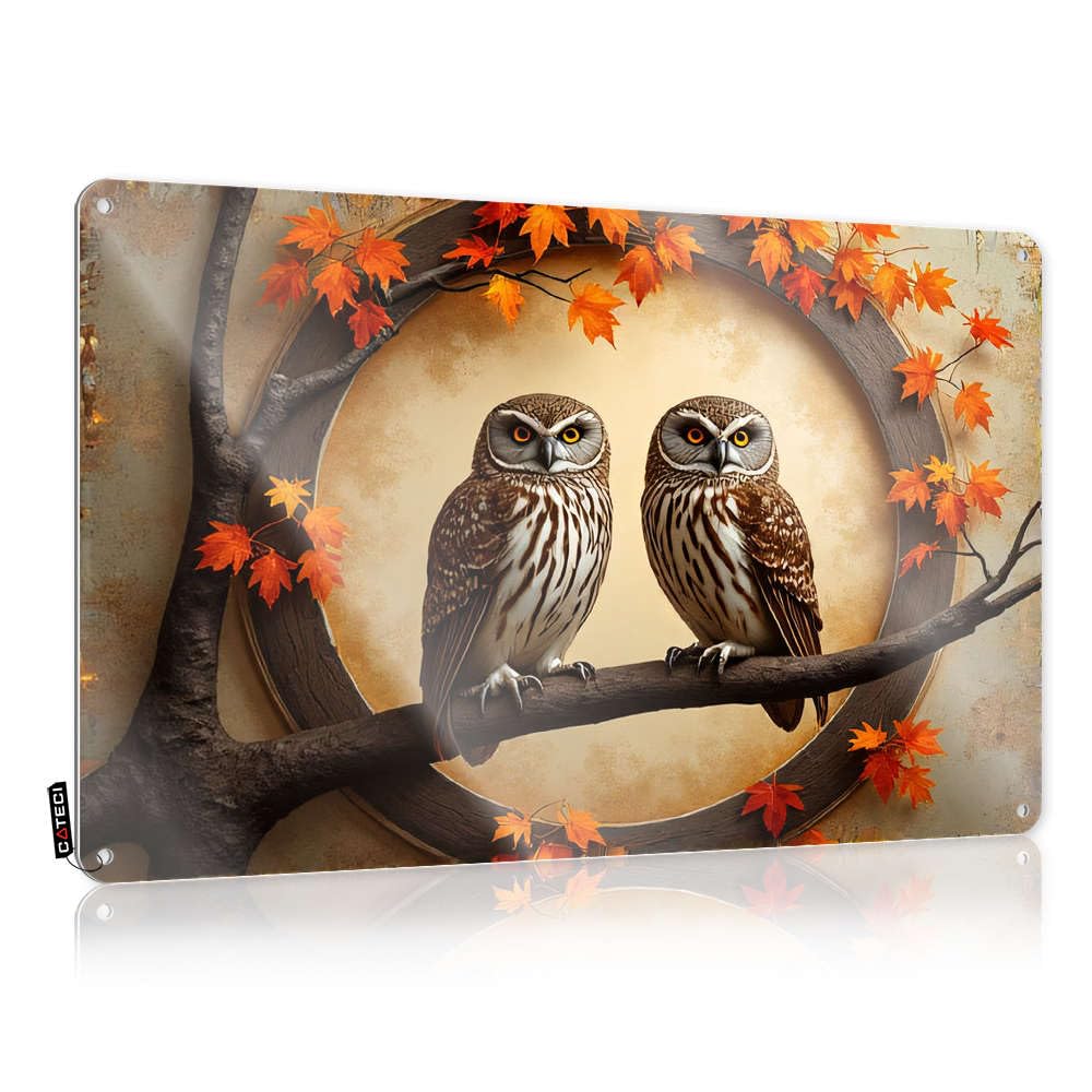 Fzfn Colour Funny Decor Shed Signs - Two Owls Perched On Autumn Branches Reusable Rustic Wall Hanging(30X40cm)