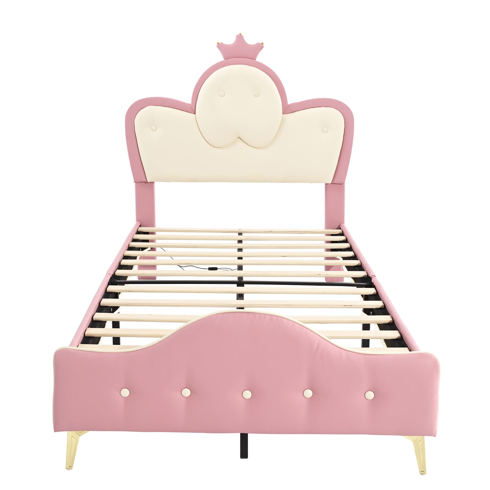 Merax Kinderbett Polsterbett 90x200cm mit LED-Streifen, Mädchen Einzelbett, Kopfteil in Wellenform mit Krone, Bettgestell mit Lattenrost und Fußteil, Jugendbett, PU, ohne Matratze, Rosa & Weiß