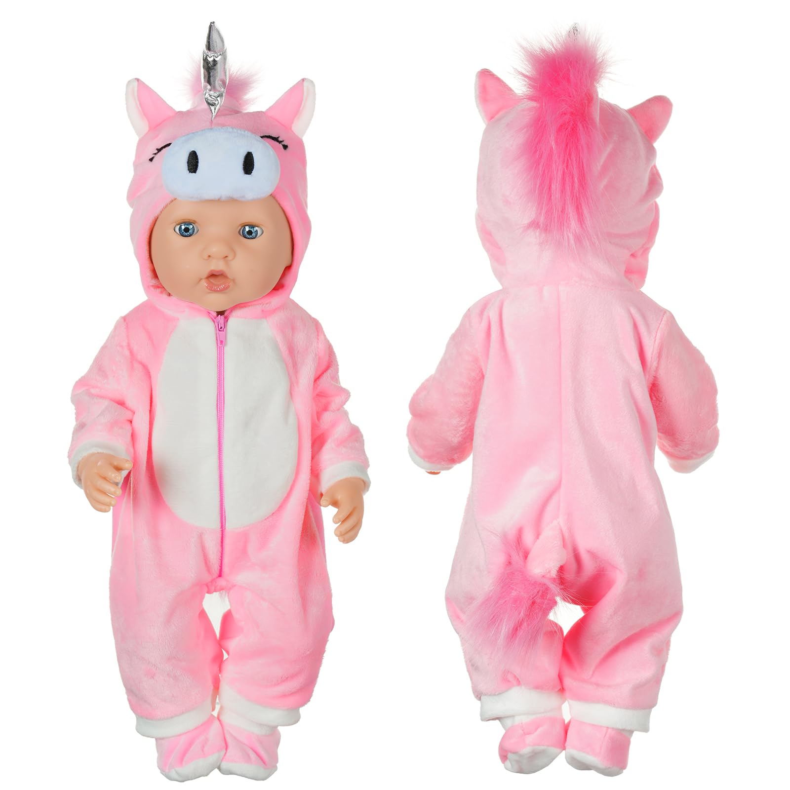 Aolso Vestiti per Bambole per New Born Baby Doll, Abiti per Bambolotti 35-45CM 18" , Pagliaccetti Stampa con Cappello, con 1 paio di Calzini e 1 Gruccia, Unicorno Rosa(Bambola non Inclusa)