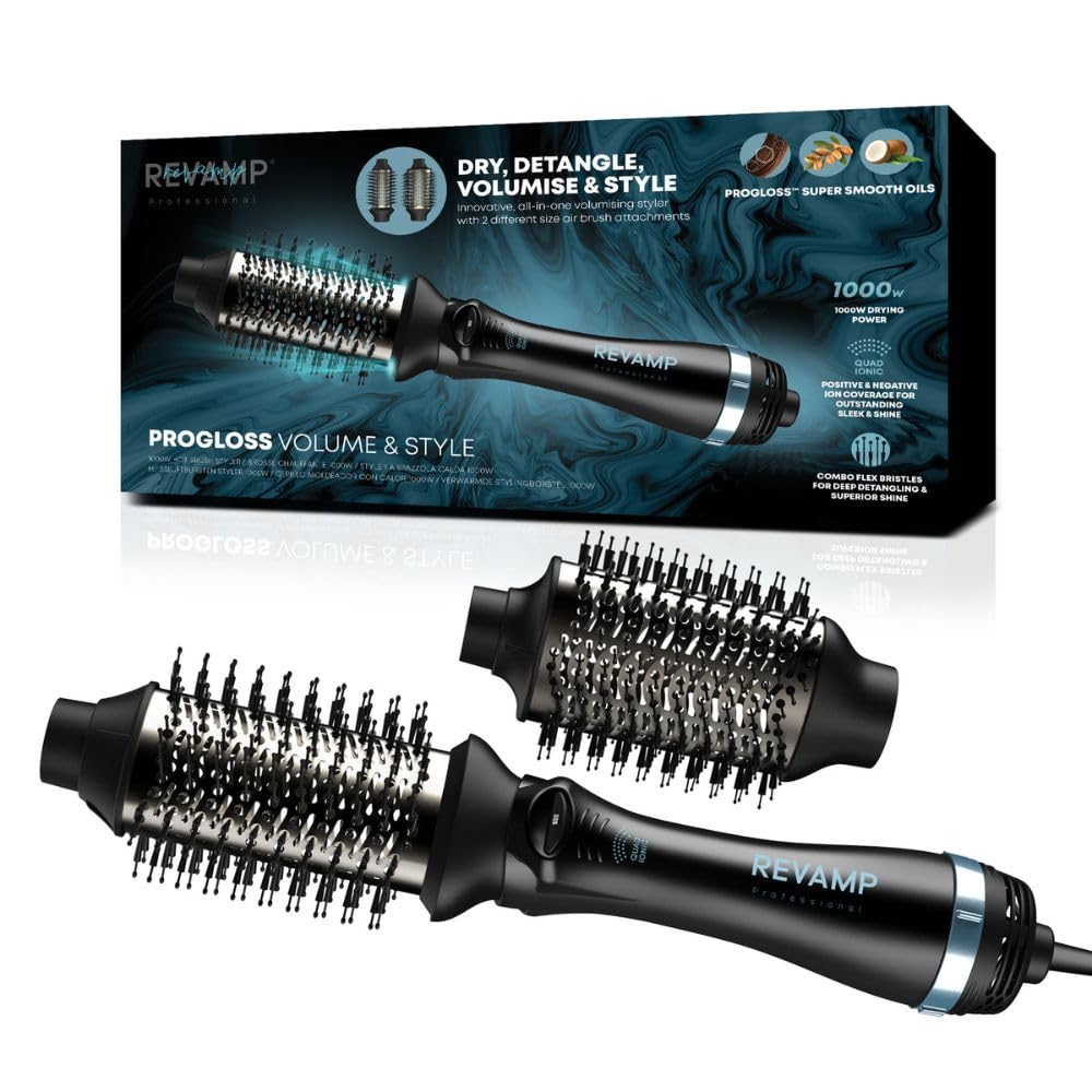 REVAMP Voluminizador y Estilizador de Aire Caliente 4 en 1 | 2 Cabezas, Secado, Volumen, Brillo, Función Secador, Desenredador, Cepillo Intercambiable