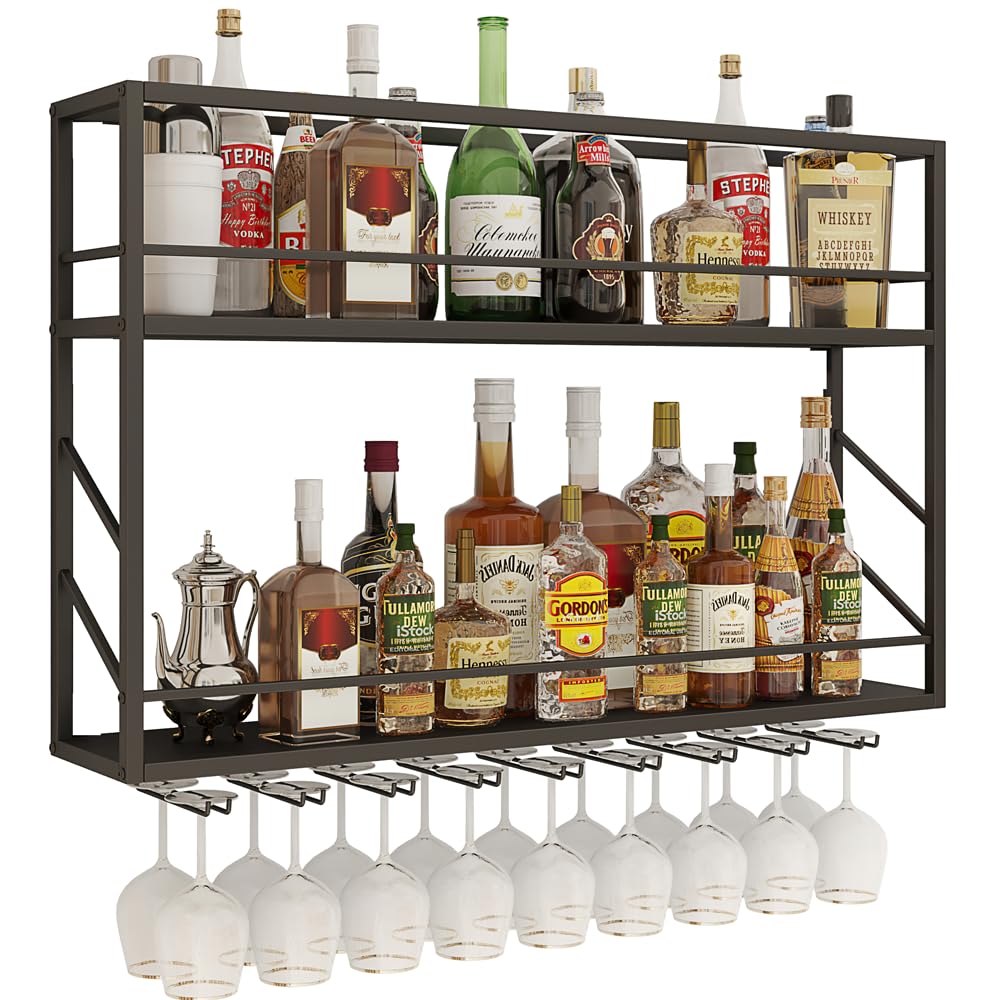 Woskar Wall Mounted Wine Rack 2 Tier, Metal Bar Liquor Shelves and Glass Holder,Wall Bar Shelf Wine Display Storage Holder for Home Bar, Dining Room, Kitchen(31.4×7.8×26in)