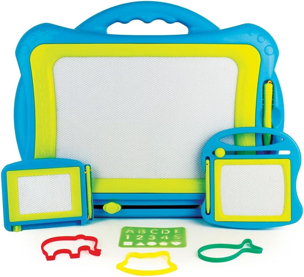 Boley Magnetic Doodle Boards - 3 Pack Blue & Green Erasable Drawing Set for Kids - Portable Toddler Writing Tablet & Sketch Pad for Ages 3+ - Includes 1 Large and 2 Compact Boards with 4 Stencils