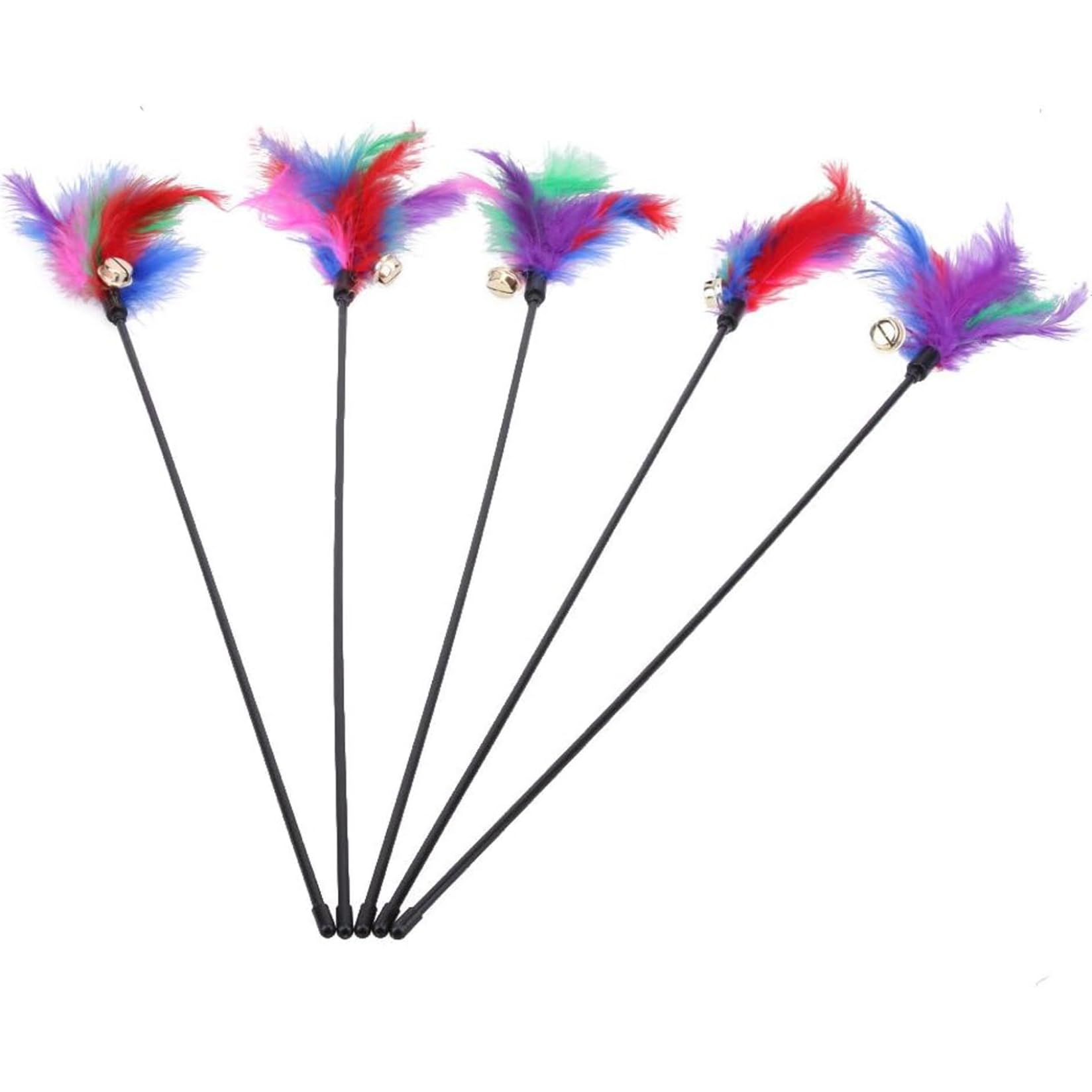 Lawnrden Interactive Cat Rainbow Wand Toys, Cat Teaser with Bell 5Pcs 24 Inch Plastic Wand Toy with Colorful Plume Interactive & Entertaining Toys for