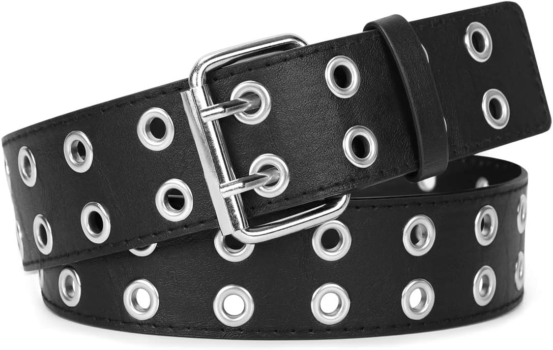 Double Grommet Belt PU Leather Punk Belt for Women Men Jeans 2 Hole Belts 1.5 Wide