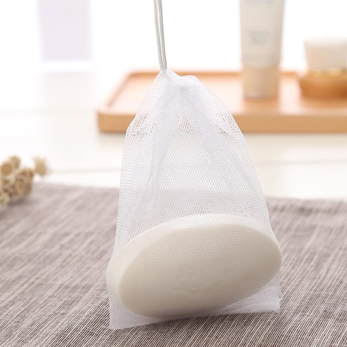 CALLARON 10pcs Handmade Soap Mesh Foaming Net Soap Sack Shower Foaming Nets Rope for Wall Hanging
