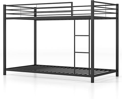 Miniatura 9 de KOMFOTT Litera baja de metal, tamaño individual sobre individual, base de cama resistente con escalera y barandillas de longitud completa, marco de