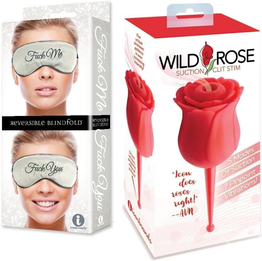 Adult Sex Toy Bundle of Fuck Me/Fuck You Mask and Icon Brands Wild Rose Le Point Rechargeable Silicone Suction Vibrator - Red