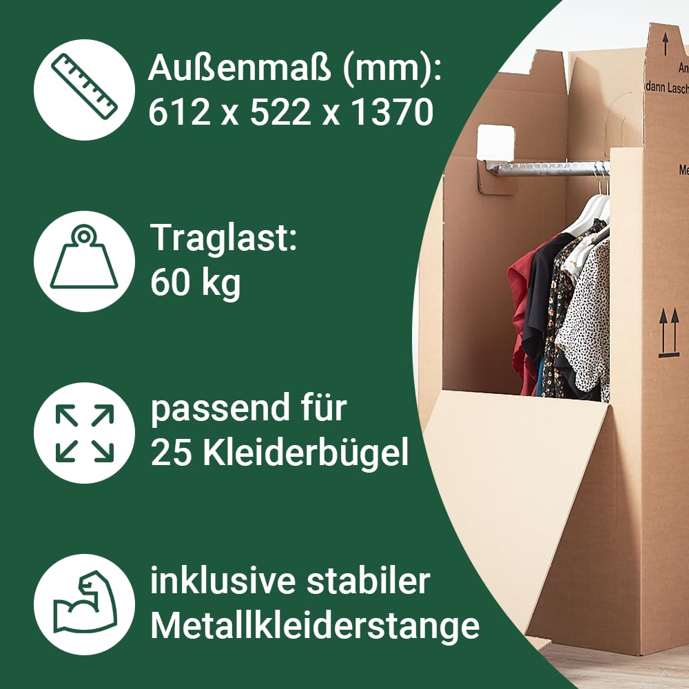BB-Verpackungen 3x Kleiderbox MAXI 612 x 522 x 1370 mm 2-wellig großer Kleiderkarton mit Metallstange bis 60kg Traglast
