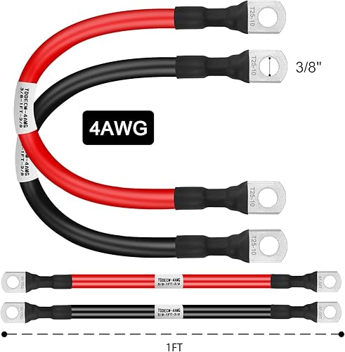 Miniatura 10 de Cable de batería de calibre 4 de 2 pies, cables inversores de energía de batería 4AWG (1 positivo y 1 negativo) con terminales de terminales de 38