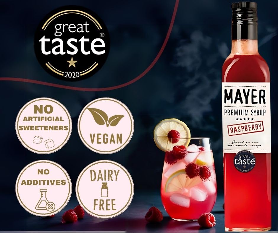 Image of Mayer Premium Artisan Hungarian Raspberry Syrup - Award-Winning, Real Fruits and 3 Natural Ingredients, Vegan, Gluten Free, Dairy Free, Versatile for Beverages & Desserts - No Artificial Additives, Rich Authentic Flavor ( 16.9 Fl oz. / 500 ml, Raspberry - 6Pack )