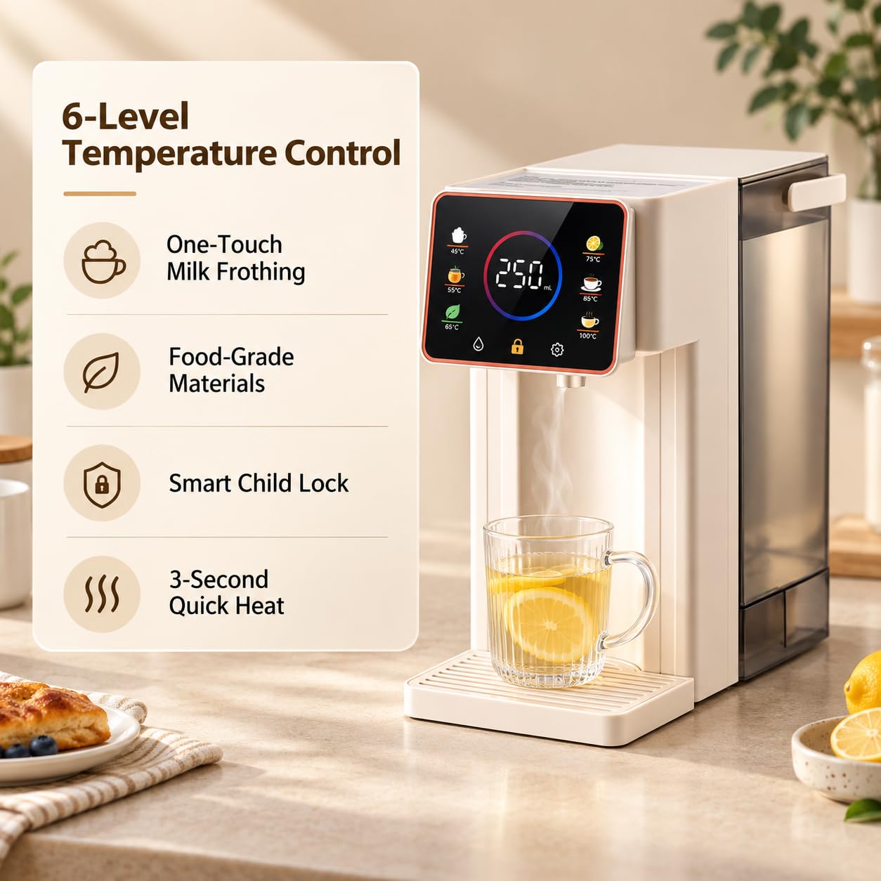 Natychmiastowy dozownik ciepłej wody, 3 l, 6 temperatur, ekran dotykowy LED
